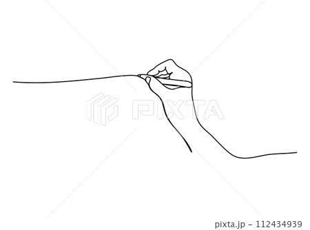 Hand with a pencil in it drawing a line. One line drawing vector illustration. 112434939