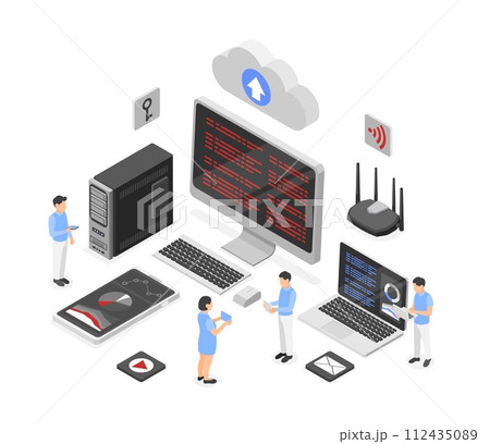 Isometric cloud technologies. Digital working process, tiny people and giant computers, monitors and smartphone. Data storage concept, flawless vector scene 112435089