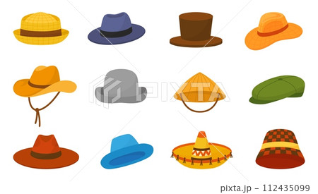 Cartoon male hats. Isolated gentleman hat, vintage and trendy stylish head accessories. Fabric and straw caps, cylinder and cowboy style, neoteric vector set 112435099