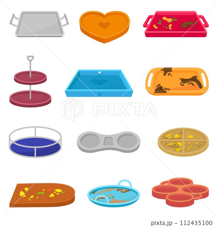 Empty food trays. Clean and dirty tray with stains leftover meal. Kitchen, cafeteria, school canteen or cafe bar equipment neoteric vector set 112435100