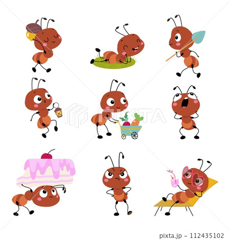 Cartoon ants characters. Isolated ant working, relaxation and eating. Cute children mascot with different emotions. Insect activity nowaday vector clipart 112435102