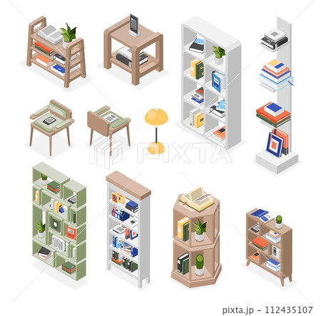 Isometric bookshelves. Library furniture, shelf and chairs. Book piles on shelves. School or university, bookstore equipment. Interior flawless vector elements Isometric bookshelves. Library furniture, shelf and chairs. Book piles on shelves. School or university, bookstore equipment. Interior flawless vector elements 112435107