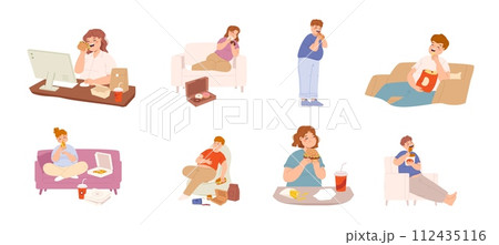 Fat people eating fast food. Overweight young adults with burger, pizza, chips and chicken wings. Junk food, unhealthy nutrition snugly vector set 112435116
