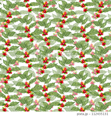 Seamless pattern of coffee branch with leaves. International Coffee Day. Botanical illustration with watercolors and markers. Hand drawn isolated. Suitable for background, cover, coffee packaging. 112435131