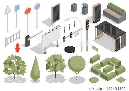 Urban infrastructure isometric elements constructor mega set. Creator kit with flat graphic signposts, banners, fences, lanterns, traffic lights, park trees. Vector illustration in 3d isometry design Urban infrastructure isometric elements constructor mega set. Creator kit with flat graphic signposts, banners, fences, lanterns, traffic lights, park trees. Vector illustration in 3d isometry design 112435132