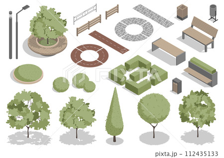 Modern park isometric elements constructor mega set. Creator kit with flat graphic street lanterns, trees and bushes, fences, benches, trash bins, pathes. Vector illustration in 3d isometry design 112435133