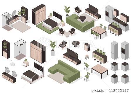 Furniture isometric elements constructor mega set. Creator kit with flat graphic interior objects for bathroom, bedroom, living room, dining and kitchen. Vector illustration in 3d isometry design 112435137