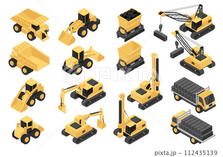 Construction equipment isometric elements constructor mega set. Creator kit with flat graphic concrete machinery, dump trucks, excavators, trolley, cranes. Vector illustration in 3d isometry design 112435139