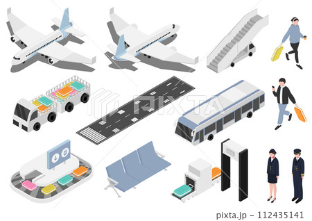 Airport isometric elements constructor mega set. Creator kit with flat graphic airplanes, security control, baggage line, seats in waiting room, passengers. Vector illustration in 3d isometry design Airport isometric elements constructor mega set. Creator kit with flat graphic airplanes, security control, baggage line, seats in waiting room, passengers. Vector illustration in 3d isometry design 112435141