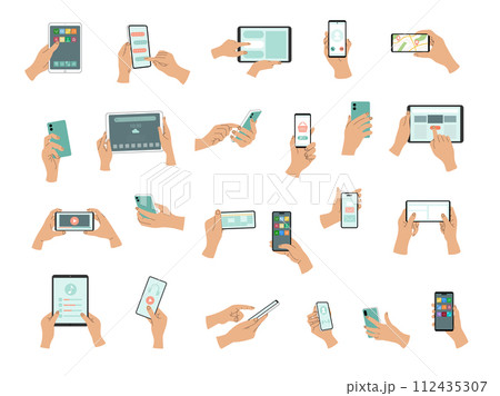 Hands holding smartphone. People hands with gadgets recent vector flat pictures of different mobile devices Hands holding smartphone. People hands with gadgets recent vector flat pictures of different mobile devices 112435307