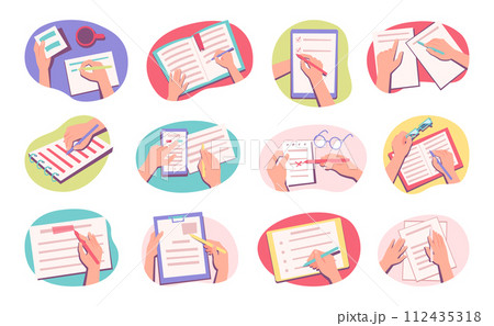 Making notes. Hand holding pencils and writing notes exact vector illustrations set 112435318
