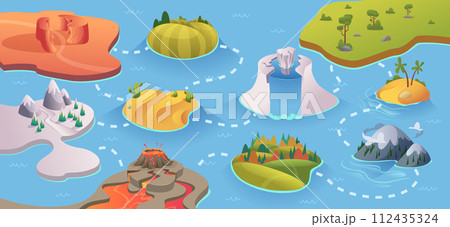 Board game map. Cartoon background with different fantastic islands exact vector ui for game 112435324