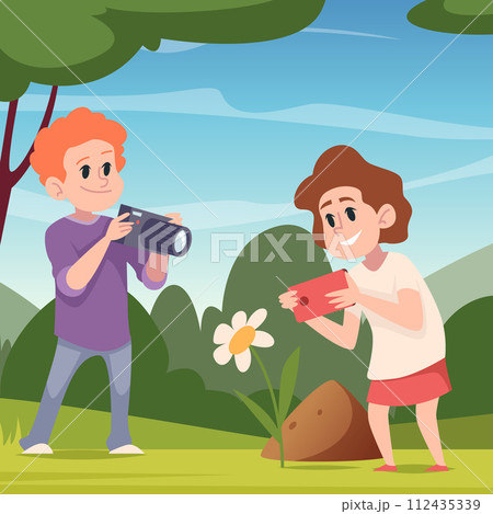 Kids photographers. Boy and girl making photo vector cartoon background 112435339