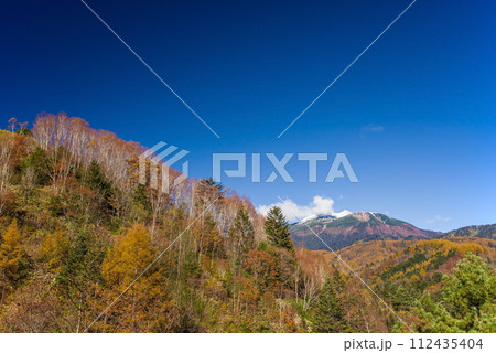 紅葉ピークの野麦峠から望む乗鞍岳 112435404