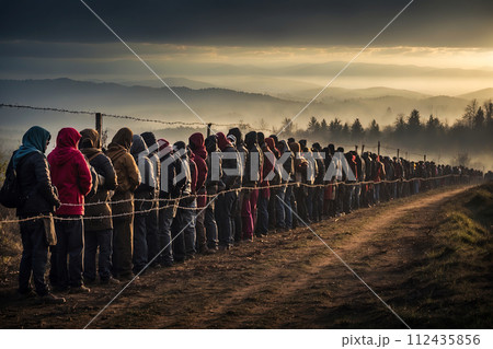 Queue of refugees along the barbed wire border fence 112435856