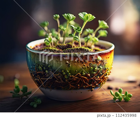 Young green sprouts grow in a ceramic cup. 112435998
