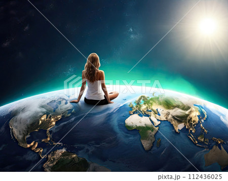 Woman sitting on the earth planet. World environment day creative concept. 112436025