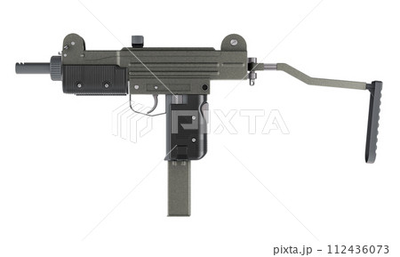 Submachine gun, closeup. 3D rendering Submachine gun, closeup. 3D rendering 112436073