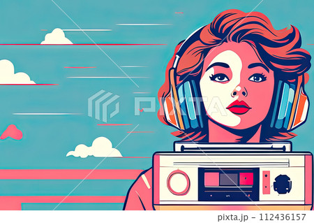 Illustration of a teenage girl enjoying music from headphones. Retro art style. Nostalgic mood. 112436157