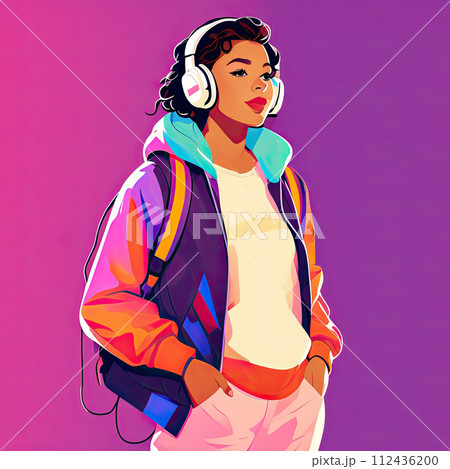 Illustration of a teenage girl enjoying music from headphones. Retro art style. Nostalgic mood. 112436200