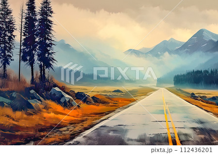 Beautiful tranquil landscape watercolor illustration. Beautiful tranquil landscape watercolor illustration. 112436201