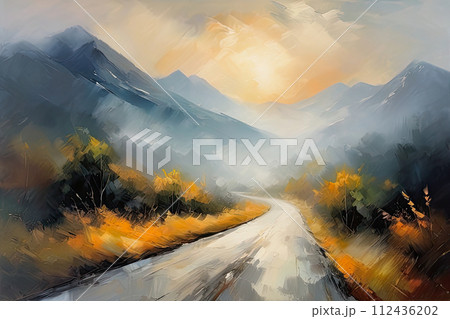 Beautiful tranquil landscape watercolor illustration. 112436202