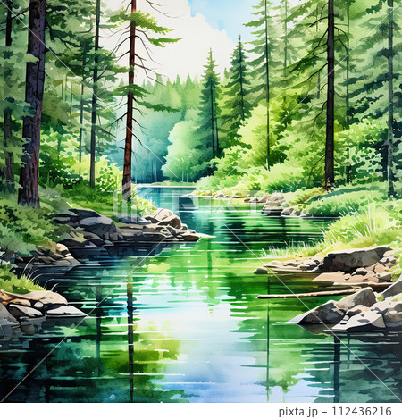 Beautiful tranquil landscape watercolor illustration. Beautiful tranquil landscape watercolor illustration. 112436216
