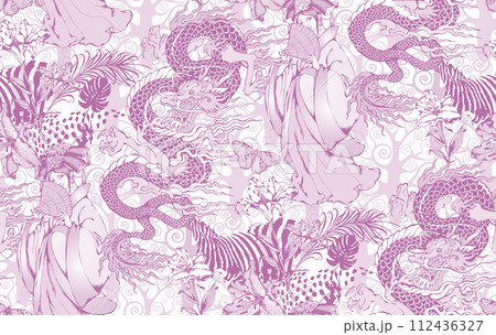 Seamless pattern with chinese motifs - unicorns, fairies and flowers.  In style Toile de Jou. 112436327