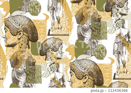 Seamless pattern for exhibitions of painting, sculpture and music. Abstract background, Roman column, Greek sculpture, baroque decorative elements for magazine or cover Seamless pattern for exhibitions of painting, sculpture and music. Abstract background, Roman column, Greek sculpture, baroque decorative elements for magazine or cover 112436366