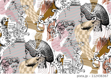 Seamless pattern for exhibitions of painting, sculpture and music. Abstract background, Roman column, Greek sculpture, baroque decorative elements for magazine or cover Seamless pattern for exhibitions of painting, sculpture and music. Abstract background, Roman column, Greek sculpture, baroque decorative elements for magazine or cover 112436367