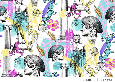 Seamless pattern for exhibitions of painting, sculpture and music. Abstract background, Roman column, Greek sculpture, baroque decorative elements for magazine or cover 112436368