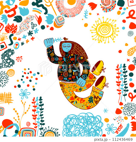 Dancing and Jumping girl. Trend illustration. hand drawing. Not AI, Vector illustration 112436469