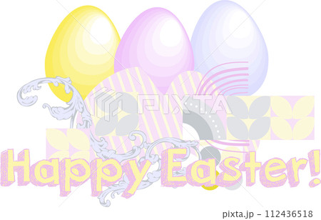 Happy Easter. A set of vector Easter illustrations. Easter eggs on a plate. Flowers, Easter eggs, rabbit. Spring flower illustration. Perfect for a poster, cover, or postcard. 112436518