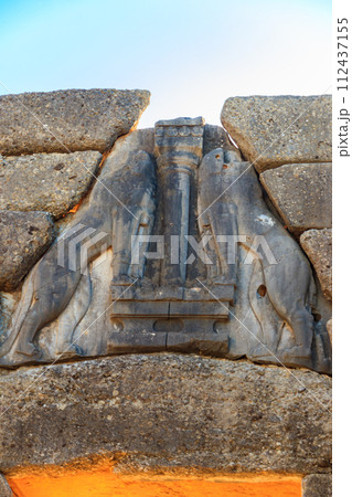 Lion's gate, the main entrance of the citadel of Mycenae. Archaeological site of Mycenae in Peloponnese, Greece 112437155