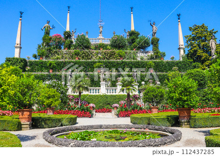 Baroque terraced garden of Borromeo Palace facing Lake Maggiore, Isola Bella (one of the Borromean Islands), Stresa, Italy Baroque terraced garden of Borromeo Palace facing Lake Maggiore, Isola Bella (one of the Borromean Islands), Stresa, Italy 112437285