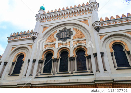 Facade of Spanish Synagogue in the Josefov district, Jewish Quarter of Prague, in Czech Republic 112437791