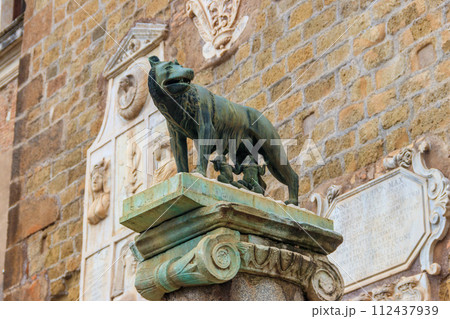 Capitoline Wolf, bronze sculpture of the mythical she-wolf suckling the infant twins Romulus and Remus, in Rome, Italy. Scene from the legend of the founding of Rome 112437939