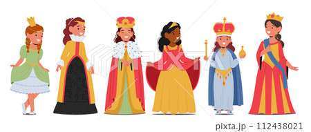 Little Girls Dressed As Princesses And Queen Characters Radiate Joy, Donning Sparkling Tiaras, Flowing Gowns 112438021