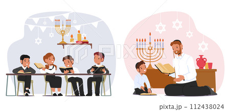 Jewish Children Characters Gather, Immersed In Torah Study, Exploring Ancient Texts And Traditions, Guided By Teacher 112438024