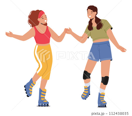 Girl Friend Characters Roller Skating, Laugh And Share Moments, Glide Smoothly On Wheels, Enjoying The Freedom 112438035