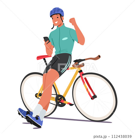 Relaxed Sportsman Cyclist Character Perches On His Bike Frame, Smartphone In Hand, Making A Triumphant Yeah Gesture Relaxed Sportsman Cyclist Character Perches On His Bike Frame, Smartphone In Hand, Making A Triumphant Yeah Gesture 112438039
