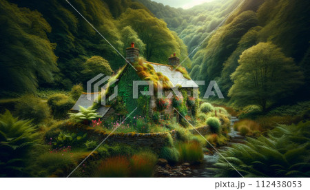 Rustic stone cottage covered in ivy, nearby mountain stream in the forest. Generative AI Rustic stone cottage covered in ivy, nearby mountain stream in the forest. Generative AI 112438053