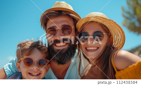 AI-generated content. A man and two children wearing sunglasses pose for a picture, AI 112438384