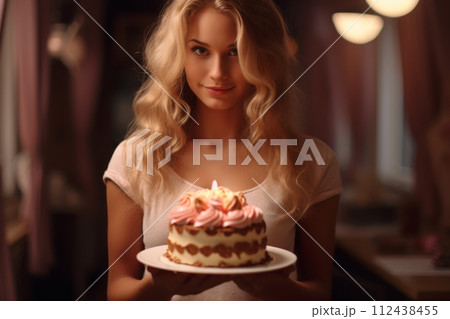 Girl holding a delicious sweet cake on a plate in front of her, homemade cake Girl holding a delicious sweet cake on a plate in front of her, homemade cake 112438455