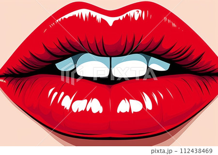 Woman's lips close-up with red lipstick, pop art 60s, illustration 112438469