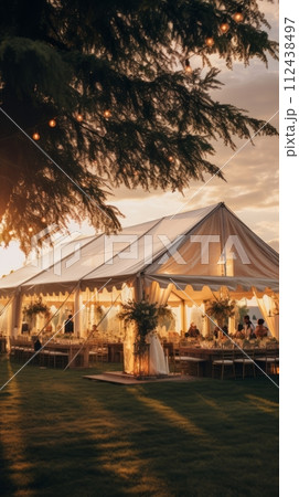 Wedding tent for celebrating a wedding in the summer outdoors, a festive indoor tent decorated with flowers in the evening light 112438497