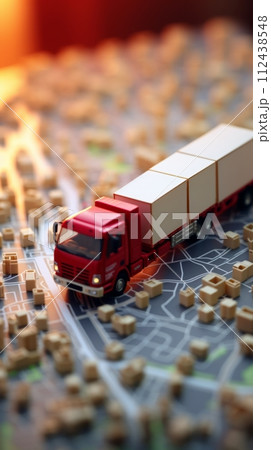 Top view of a model of a truck standing on a map, freight transportation concept Top view of a model of a truck standing on a map, freight transportation concept 112438548