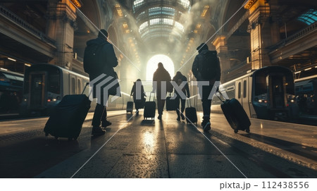 Tourists passengers with suitcases at the train station, back view 112438556