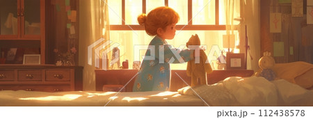 A toddler in pajamas early in the morning in his room, banner illustration 112438578
