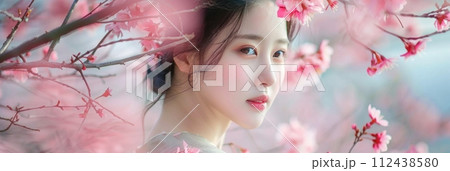 Beautiful young Asian girl among blossoming sakura trees, banner 112438580